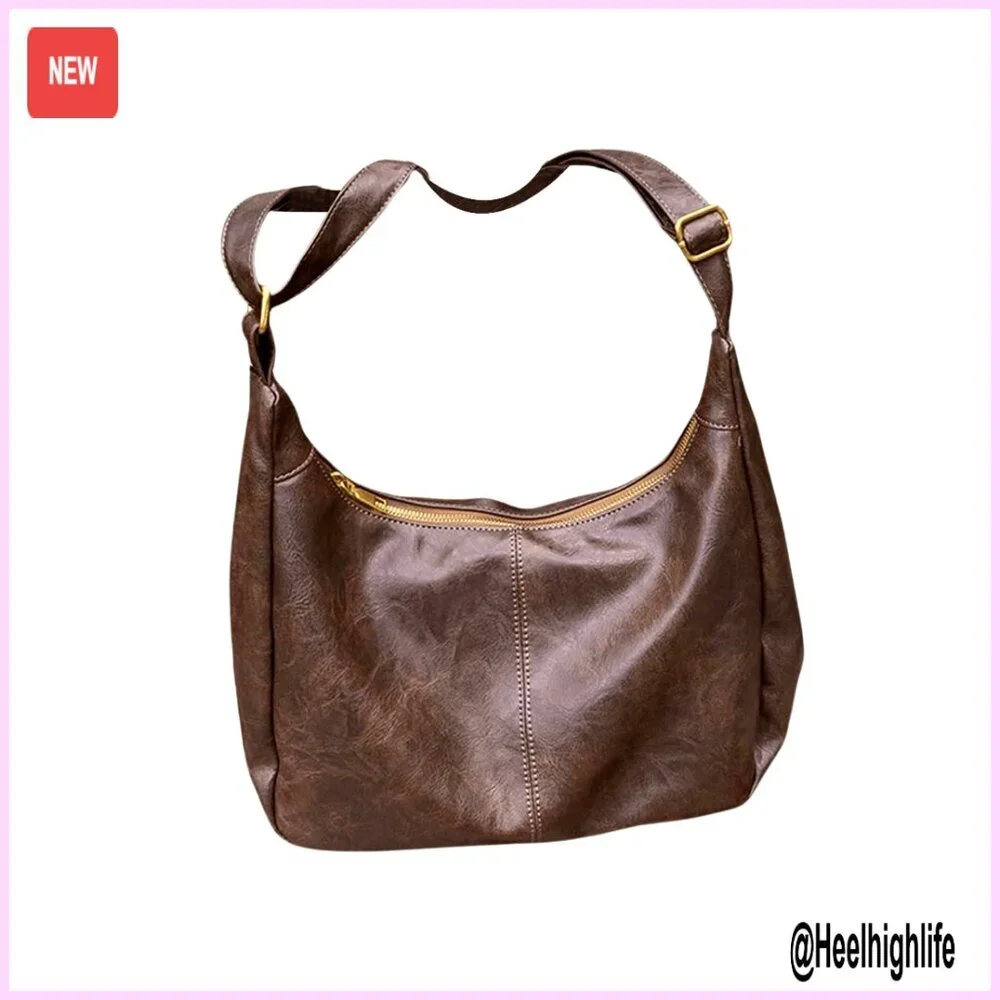 Soft PU Leather Crossbody Hobo Bag with Zipper Closure Vintage Style